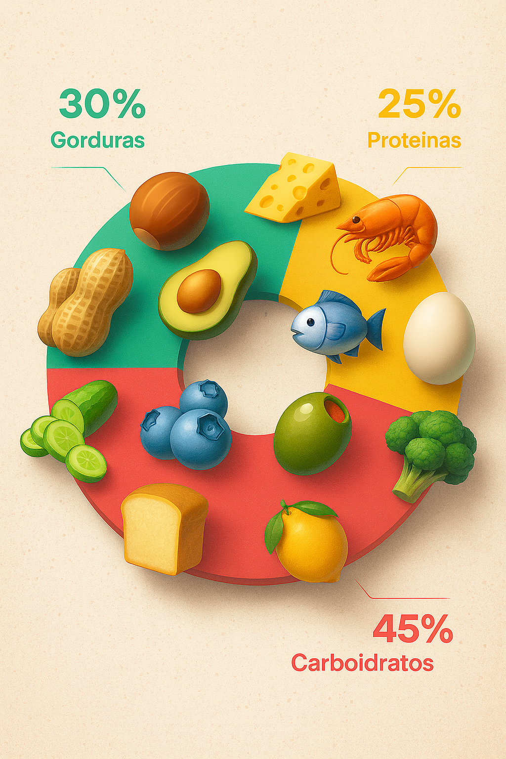 Gráfico da Distribuição de Macronutrientes da Dieta Bíblica (45% Carboidratos, 30% Gorduras, 25% Proteínas)
