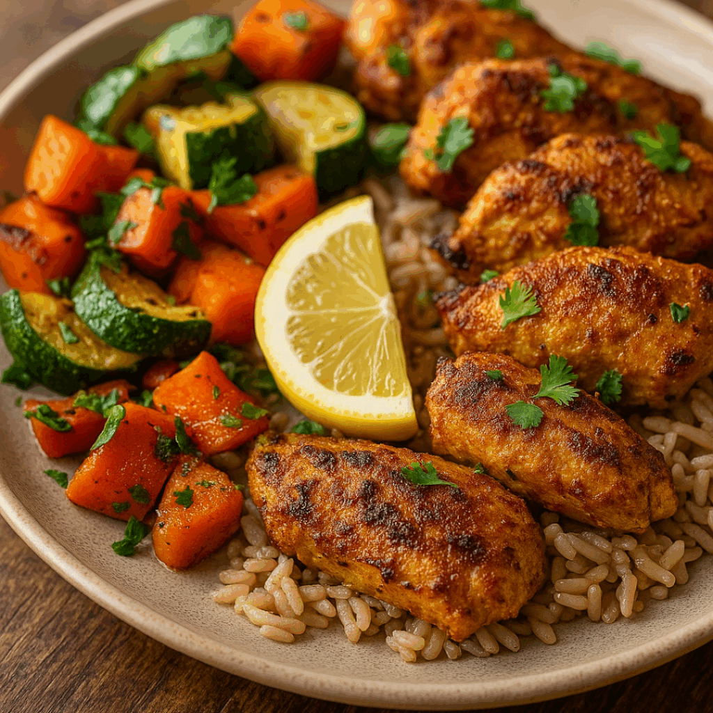 Frango Grelhado com Legumes e Arroz
